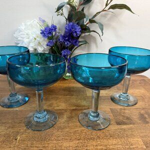 Hand Blown Blue Coupe Glasses Set of 4 – Biot France Style Bubble Glass Barware‎